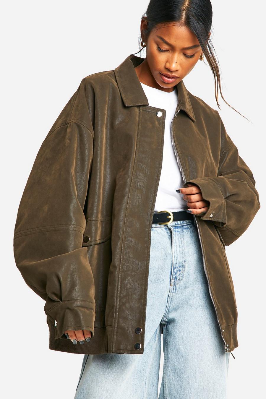 Vintage Look Faux Leather Oversized Bomber Jacket | boohoo USA Vintage Look Faux Leather Oversized Bomber Jacket | boohoo USA